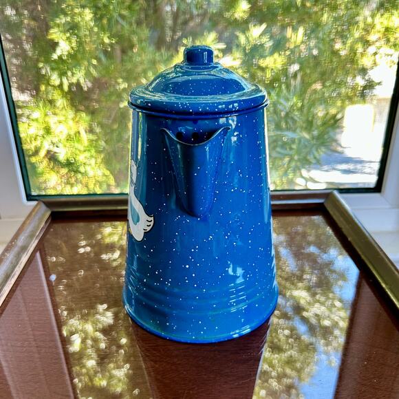 Vintage Tres Troquelles Blue Enamelware Coffee Pot White Spatter Folk  art 1970s - Picture 2 of 13